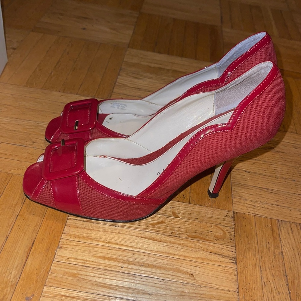 Red peep toe pumps